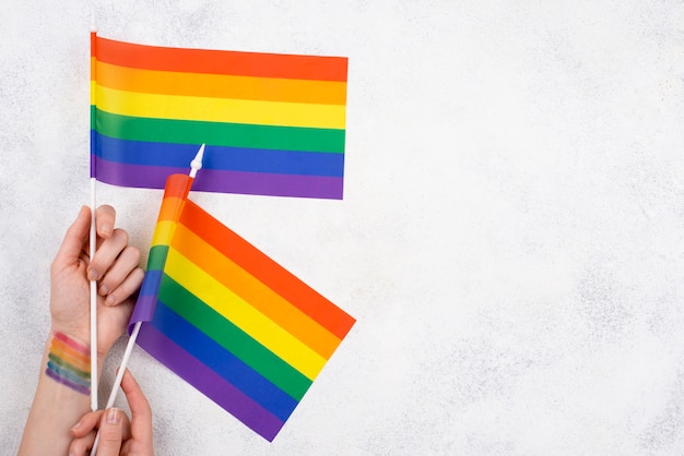 Photo copy-space hands with pride day flags