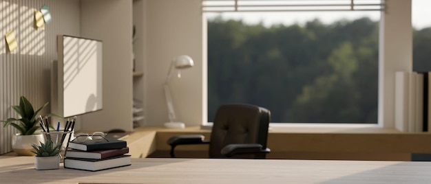 Copy space on a hardwood desk in a modern private office or home workspace