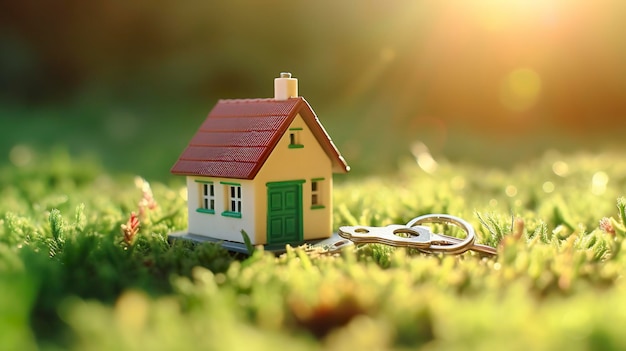Скопируйте пространство дома Небольшая модель дома на зеленой траве с солнечным светом AI Generative