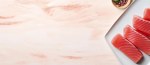 Фото Копируйте космическое изображение на изолированном фоне с белой пластиной с сашими из тунца
