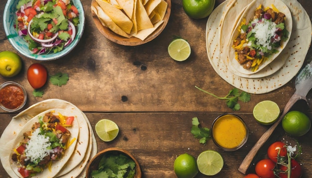 copy space image of taco bar side border with an assortment of ingredients top view on a dark wood banner background