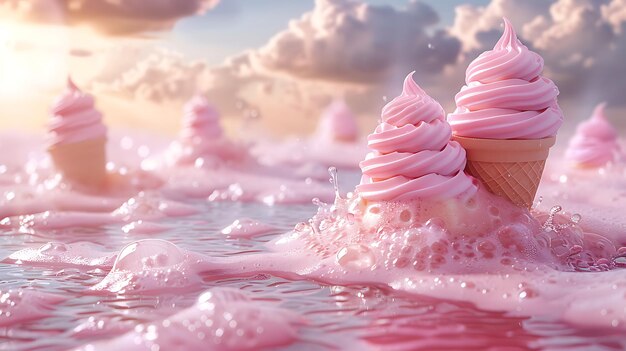 Foto copia spazio un sacco di gelati di fragole galleggianti cielo nuvole di sfondo colorato solido elemento pubblicitario