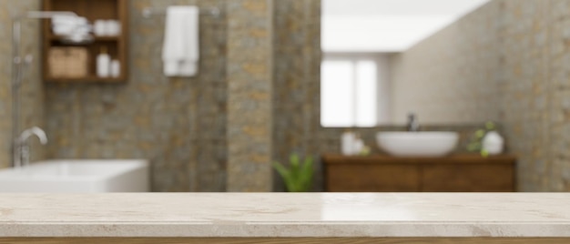 A copy space on marble bathroom tabletop against blurred elegance vintage bathroom in the background