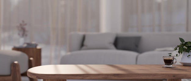 Copia spazio su un tavolino da caffè in legno minimale in un soggiorno confortevole