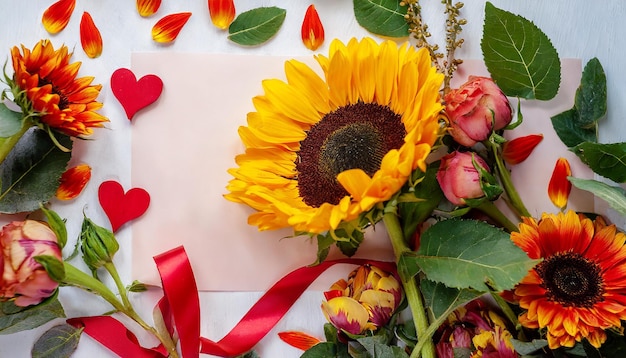 Фото Копируйте пространство на красивой валентинской композиции весенние цветы подсолнечник разрезается лепестки