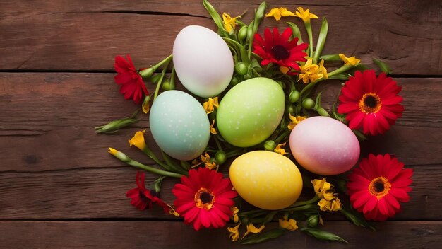copy space painted eggs and flowers