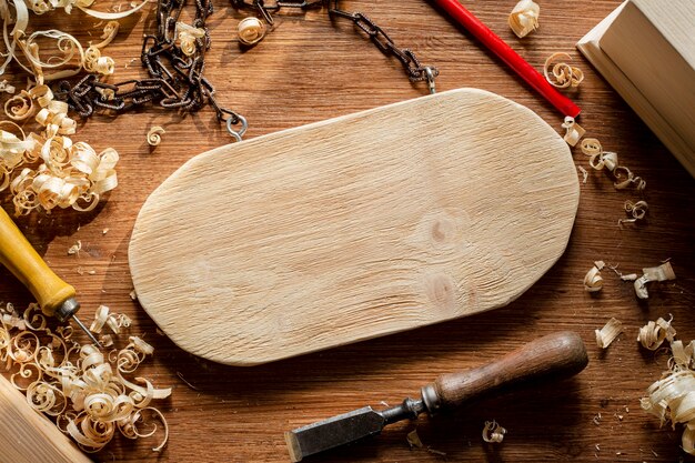 Photo copy space plank and sawdust in workshop