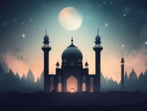 Photo copy space for ramadan digital illustration of a mosque with a moon and stars