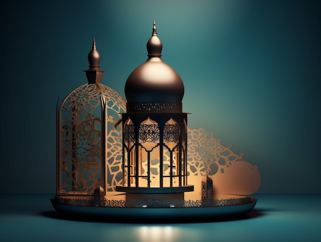 Photo copy space for ramadan gold lamp with a large dome and a bird cage on a blue background