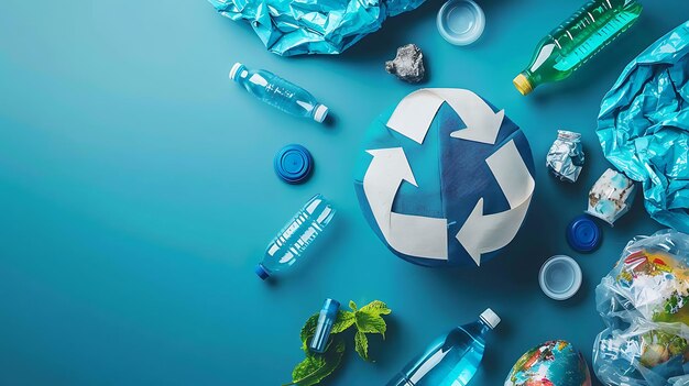 Copy space Recycle sign and rubbish surrounded by plastic ornament with blue background International plastic free day