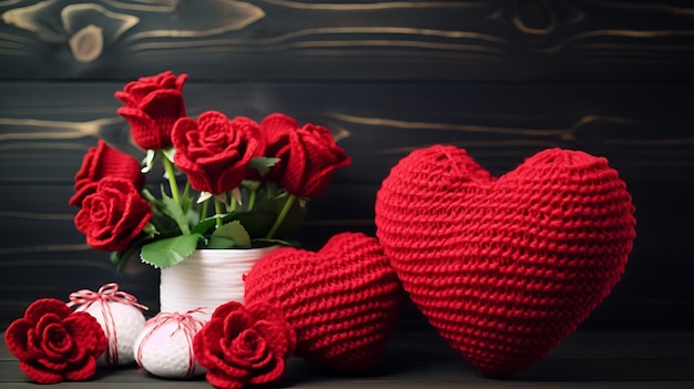 写真 スペースの赤い心臓とリボンのバレンタインデーの背景をコピー
