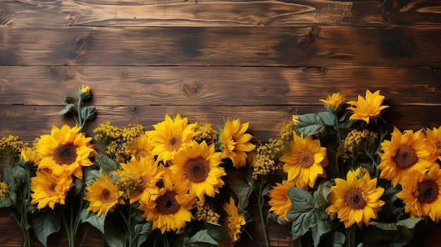 copy space sunflowers on wooden board