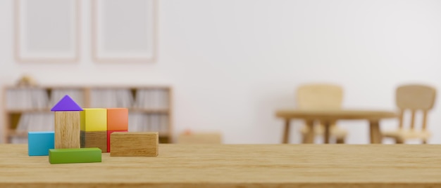 Photo a copy space on tabletop with kids toy over blurred kids nursery room background kids play room