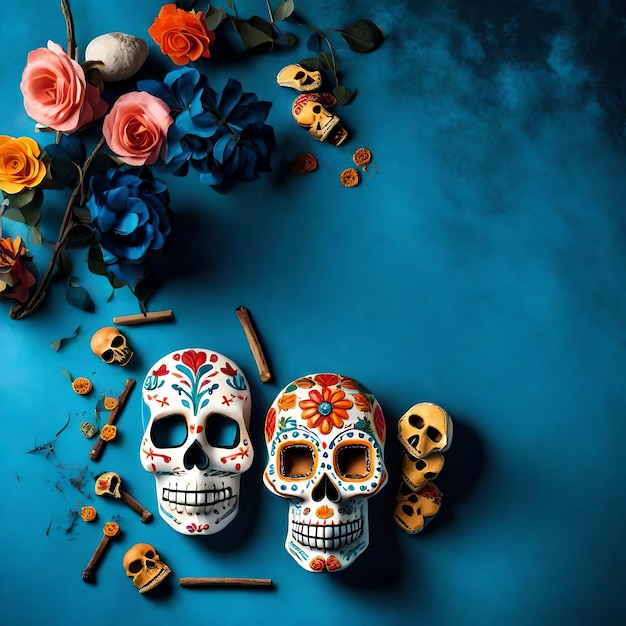 Copy space for text right day of deads dia de muertos on blue background