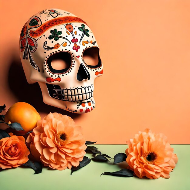 copy space for text right day of deads dia de muertos on peach color background