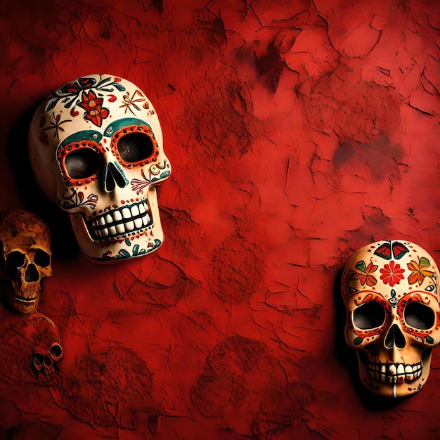 copy space for text right day of deads dia de muertos on rusty red color background