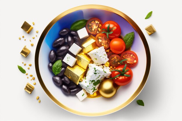 Copy space on top view of a white bowl containing a Greek salad tomatoes cucumbers