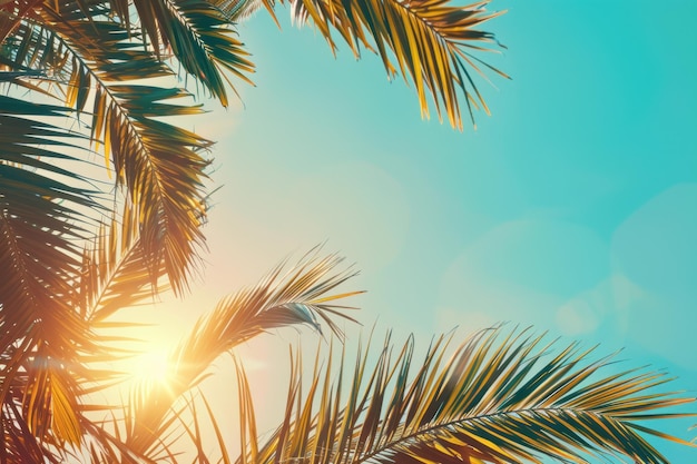 Copy space of tropical palm tree with sun light on sky background