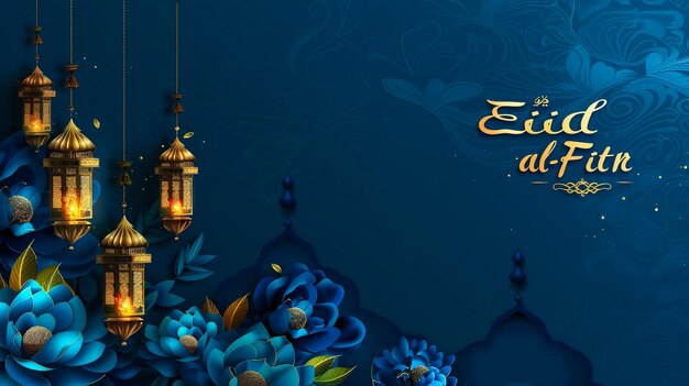 Foto copy space vector illustratie gouden en blauwe tekst eid al-fitr kaartontwerp om het feest van het breken van het vasten te vieren dat het einde van de heilige maand ramadan markeert