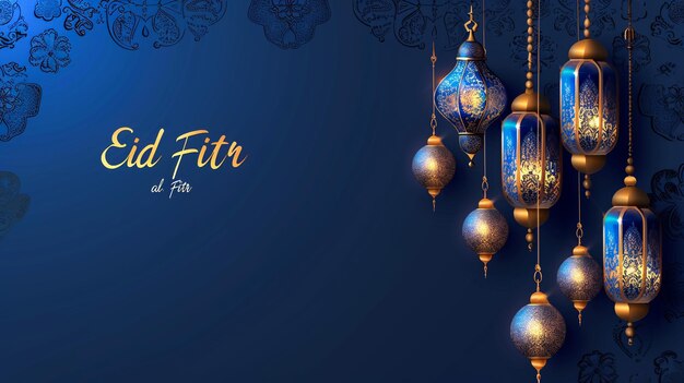 Foto copy space vector illustratie gouden en blauwe tekst eid al-fitr kaartontwerp om het feest van het breken van het vasten te vieren dat het einde van de heilige maand ramadan markeert