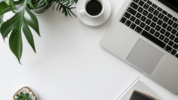 copy space view of workspace and laptop with dark white background