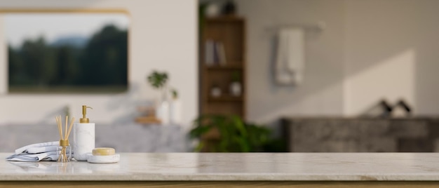 Copy space on white marble tabletop with bath accessories over blurred bathroom in the background