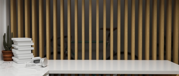 copy space on white modern table with headphone and decor with indoor wooden slats in the background