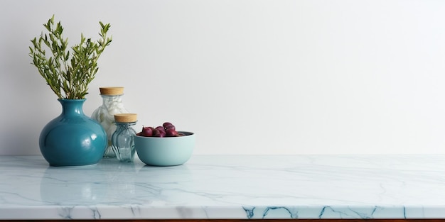 Copy space on white stone marble table top in modern minimalistic kitchen empty cou Generative AI