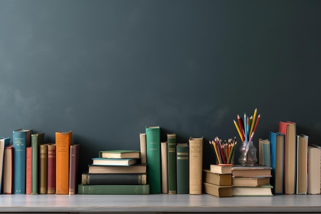 Скопируйте пространство со школьными принадлежностями, книгами и серым фоном