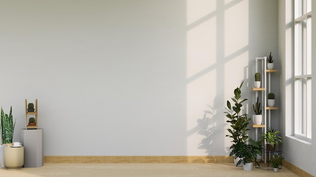 Copia spazio sul pavimento di legno in una stanza bianca e luminosa minimale con piante da interno