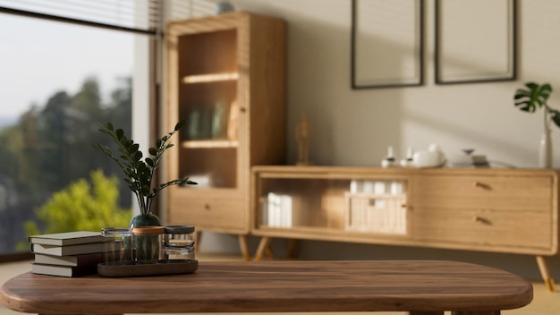 木製の家具を備えたスカンジナビアのリビングルームに装飾が施された木製のコーヒーテーブルのコピースペース