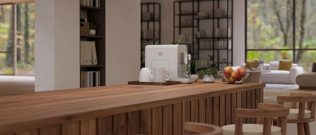 Copy space on wooden kitchen countertop or kitchen island with coffee maker mug tray