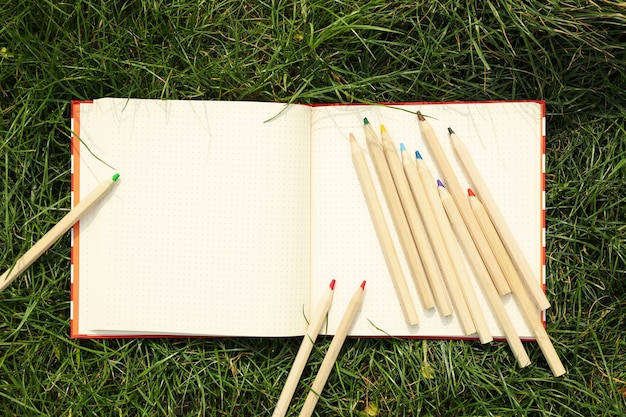 Copybook and colored pencils on green grass. Creativity