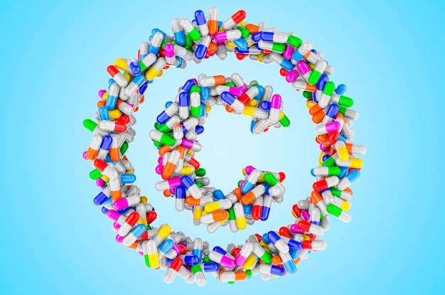 Copyright symbol from colored capsules 3D rendering