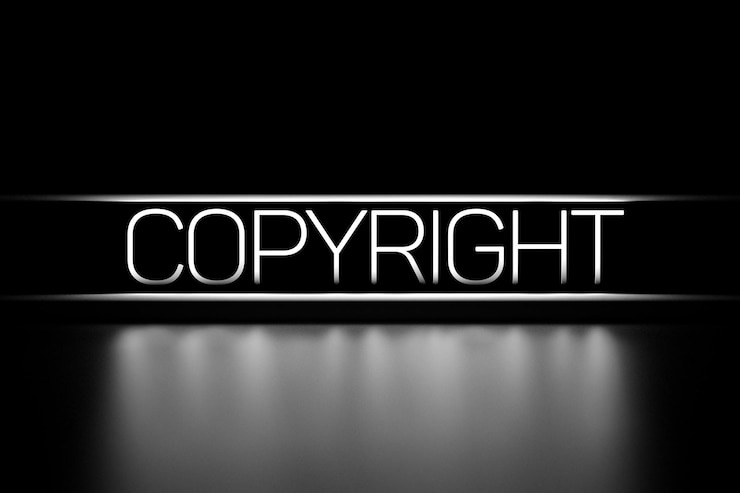 Photo copyright text is white glowing on a black background neon copyright banner 3d render