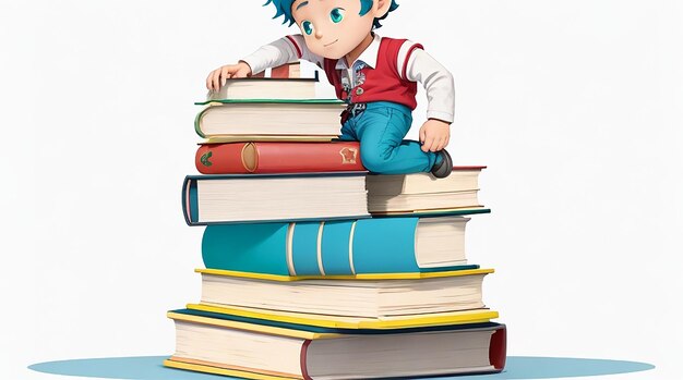 Photo copyspace boy holding stack of books