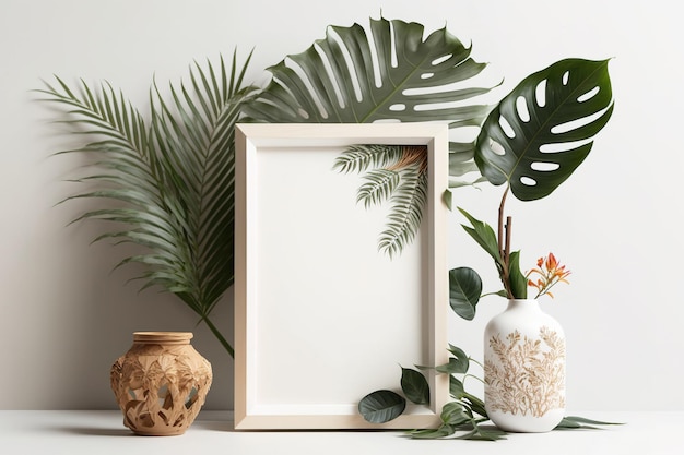 Copyspace poster Wooden frame with tropical palm tree and dried flowers White minimal copies Mockup Copyspace