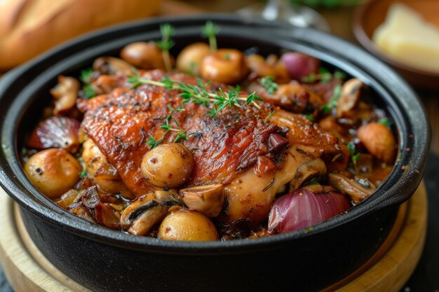 사진 코크 오 빈 (coq au vin) 은 과 양파와 함께 은 와인에 여진 고기를 특징으로 하는 풍부한 시골 요리