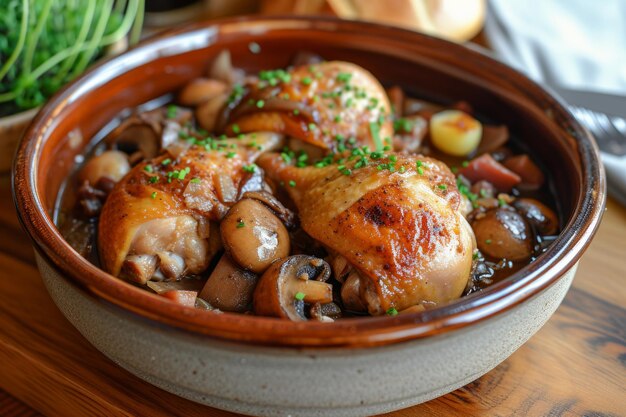 写真 coq au vin は,キノコとニンジンを入れた赤ワインで調理された肉を特徴とする豊かな田舎料理です.