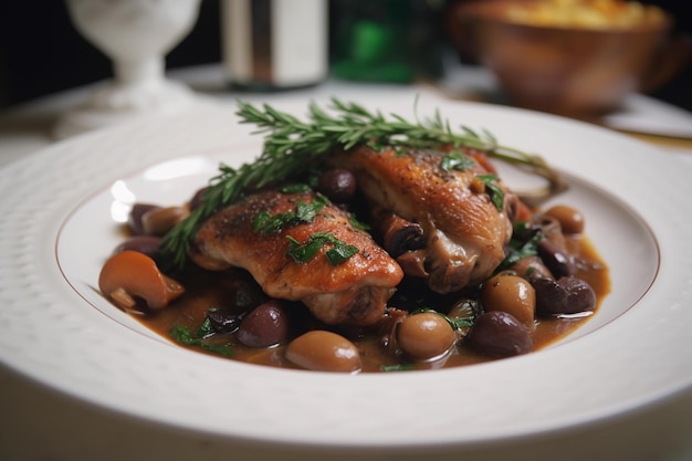 Coq au vin typical dish of French cuisine made with rooster meat and wine generative ai