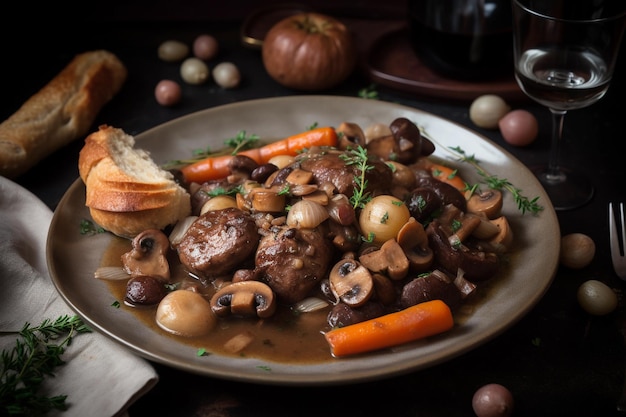 Coq au vin typisch gerecht uit de Franse keuken gemaakt met haanvlees en wijn generatieve ai