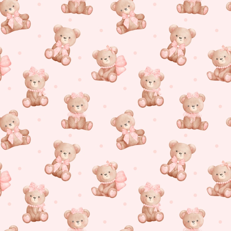 Photo coquette teddy bears with pink ribbon bow watercolor hand painting trendy illustration