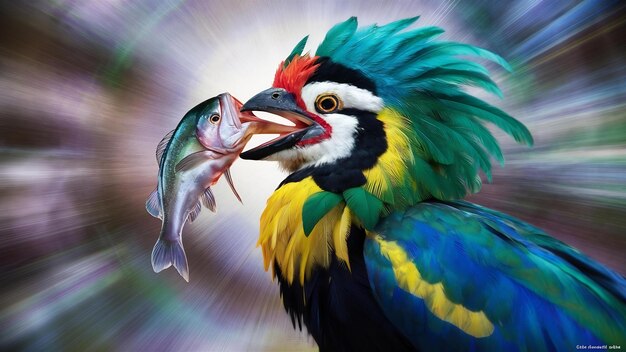 Photo coraciiformes with colorful feathers holding a fish with its beak on a blurred background