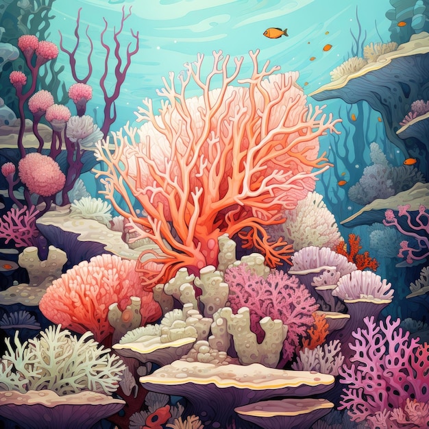 A coral close up with background corals on a reef Generative AI