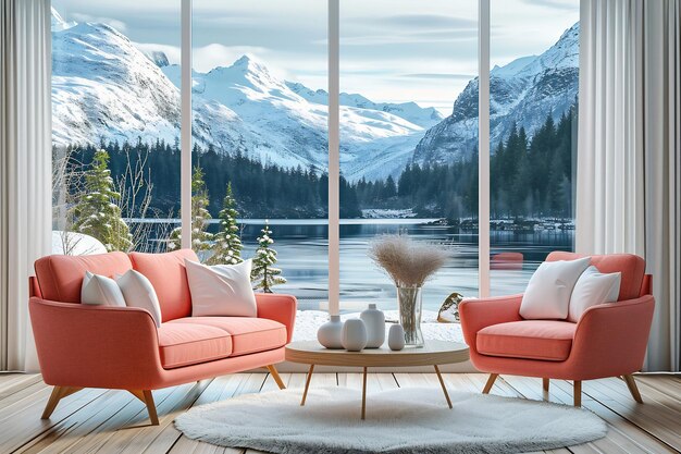 Foto divano e poltrona di colore corallo contro la finestra con vista sul fiume e sulla montagna