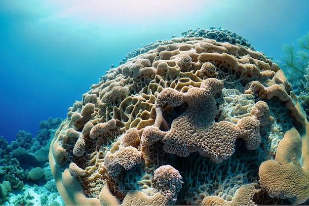 A coral ecosystem in decline showing coral bleaching due to rising water temperatures