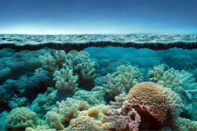 Коралловая экосистема в упадке, показывающая обесцвечивание кораллов из-за повышения температуры воды