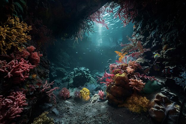 珊瑚の中に 隠された洞窟が探検家を誘います