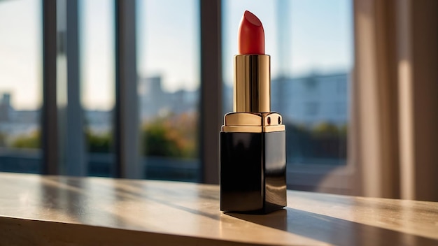 Coral lipstick on a windowsill bathed in warm sunlight
