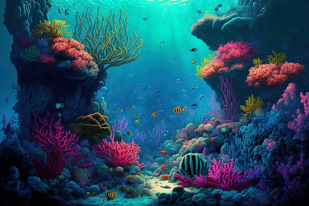 Coral reef at the bottom of the blue sea